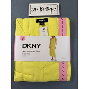 DKNY Womens Small Linen Blend Maxi Dress Yellow A-Line Side Slits 990451117